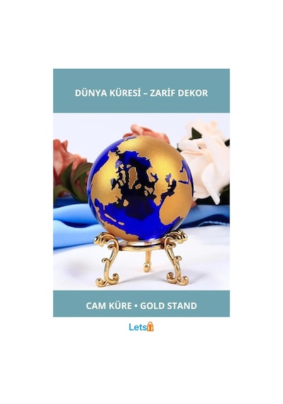 Renkli Cam Dünya Küresi Gold Metal Standlı 6 Cm Dekoratif Dünya Diğer