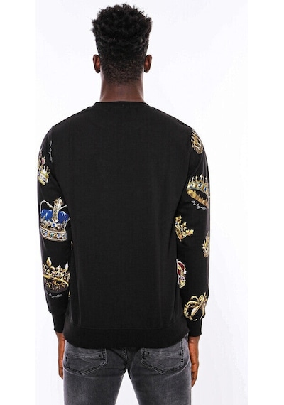 Wessi Siyah Bisiklet Yaka Taşlı ve Baskılı Sweatshirt Siyah