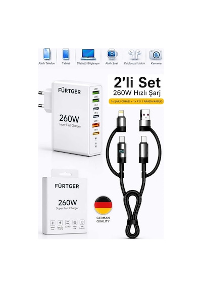 Fürtger German Frt-25w B 260w 3 Type-c + 3 Usb-a Toplam 6 Çıkışlı Süper Hızlı Şarj Aleti + 4 Başlıklı Şarj Kablosu