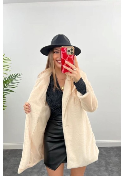 Winmoda34 Kadın Yumoş İpek Kürk Hafif Şık Mont Krem