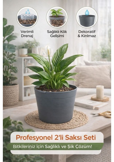 2 Li Saksı Seti 15 Pot Yarı Şeffaf Üretim Saksısı + 1,8 L Gri Dekoratif Kırılmaz Dış Saksı