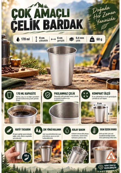 4 Adet 170 Ml. Çelik Çok Amaçlı Shot Kahve Kamp Piknik Bardağı Mt327-4 Gri