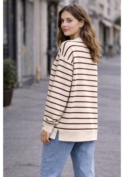 Tenra Oversize Geniş Kalıp Kadın Sweatshirt Bisiklet Yaka Basic Çizgili Kahverengi