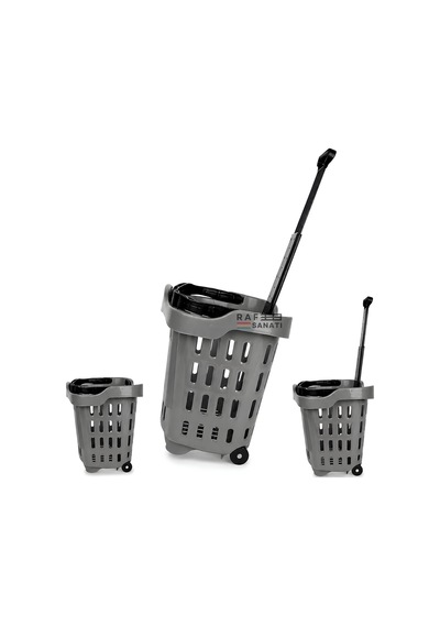 5 Adet - 43 Lt Tekerlekli Market Sepeti Plastik Alışveriş Sepeti Ergonomik Çift Saplı Gri