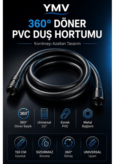 Ymv 150 Cm Siyah Pvc Duş Hortumu Esnek Banyo Duş Başlığı Hortumu Duş Spirali 1,5 Metre