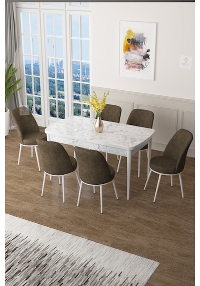 Canisa Concept Zen Serisi 80x132 Mdf Açılabilir Beyaz Mermer Desen Masa Takımı Ve 6 Kahverengi Sandalye Masa Beyaz/sandalyeler Kahvrerengi Canisa Concept Zen Serisi 80x132 Mdf Açılabilir Beyaz Mermer Desen Masa Takımı Ve 6 Kahverengi Sandalye Masa Beyaz/sandalyeler Kahvrerengi
