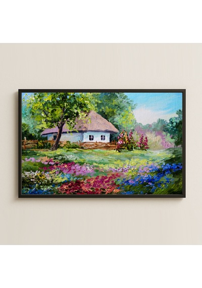 Çiçekli Bahçede Köy Evi Uv Baskılı Sanat Pvc Tablo