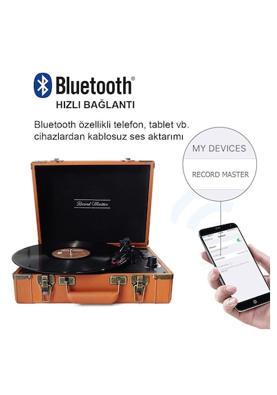 Record Master T317UB Bluetooth Şarj Edilebilir Retro Pikap Kahverengi