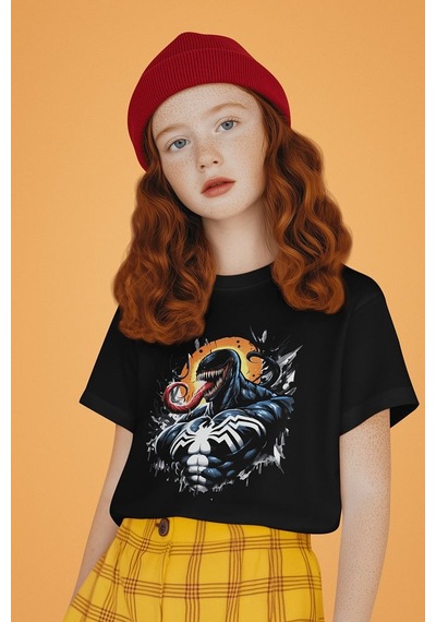 Sevbano Tasarım Venom Baskılı Unisex Film Karakteri Çocuk Tişört 1-12 Ya SIYAH