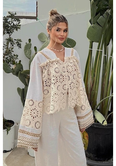 Fashion Cocktail Romantik Kore Tarzı İnci Brode İşçilikli Dantel Zarif Yelek Pantolon Ham Keten Bohem Takım Bej Fashion Cocktail Romantik Kore Tarzı İnci Brode İşçilikli Dantel Zarif Yelek Pantolon Ham Keten Bohem Takım Bej