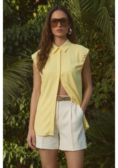 Sateen Kol Detaylı Gömlek - Sarı-137577