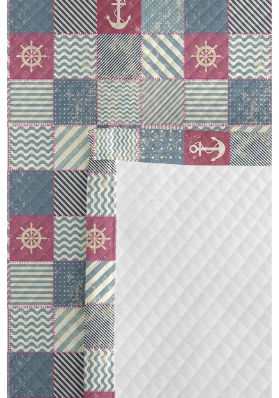 Marine Mavi Genç Odası Tek Kişilik Pike Takımı - Patchwork Pudra 160x220 Cm Kapitone Yatak Örtüsü Ayazlı Kahve Harmonu