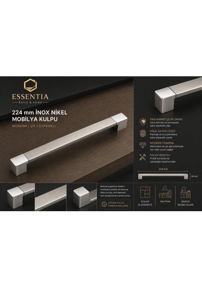 224 Mm İnox Nikel Saten Mobilya Kulpu Parlak Gümüş Detaylı Paslanmaz Çelik Dolap & Çekmece Kulbu Çoklu Renk