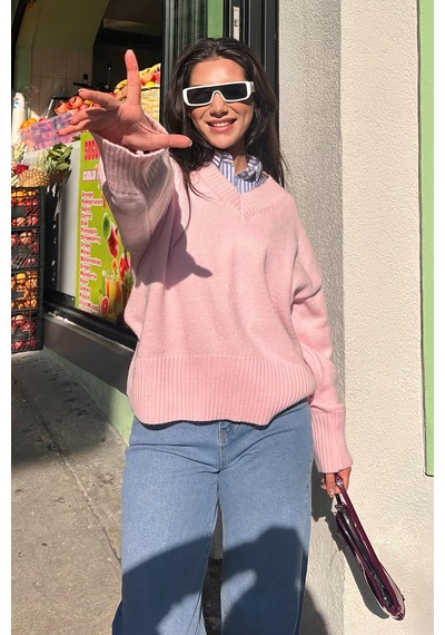 Madmext Pembe V Yaka Oversize Kadın Triko Kazak Mg2149 Pembe