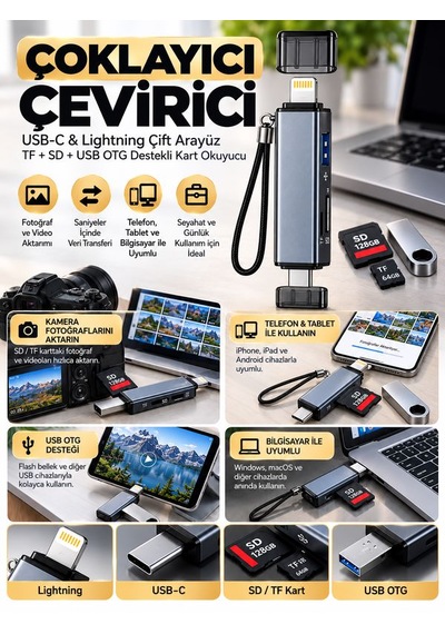 Type-c Lightning Çift Girişli Sd Tf Kart Okuyucu Usb Otg Apple iPhone Uyumlu Android Hafıza Kartı Adaptörü