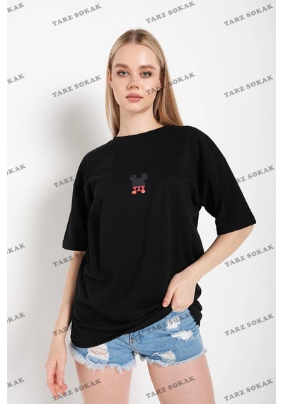 Tarzsokak Kadın Beyaz Sırt Baskılı Mickey Mouse Siyah