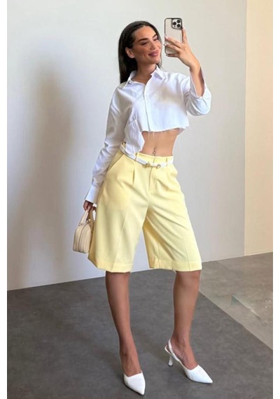 Madmext Sarı Pileli Kadın Bermuda Şort Mg2483 Sarı