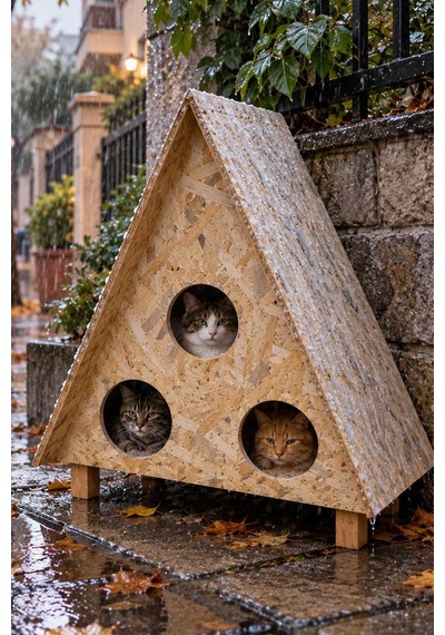 Reyo 3 Bölmeli 3 Kedilik Büyük Boy Kedi Evi Dış Ortam Uygun Ahşap Kedi Yuvası Kedi Barınağı Osb 78 x 76 x 35 CM CAT21