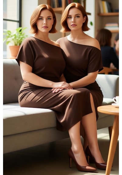 Ersefa Kadın Düşük Kol Asimetrik Yaka Bodycon Midi Elbise Zarif Ve Şık K Kahverengi