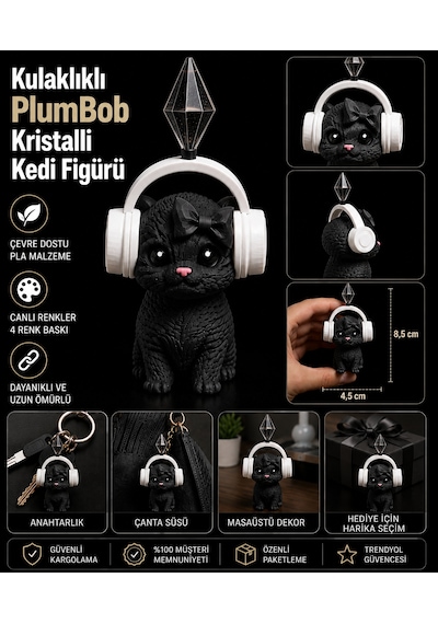 11 Cm Sims Plumbob Kulaklıklı Kristalli Kedi Figürü-dekoratif Sevimli Kedi Biblo