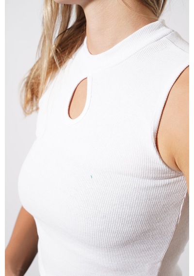 Ckm Moda Chester Yüksek Kalite Kadın Yaka Detaylı Fitilli Crop Örme Bluz Beyaz