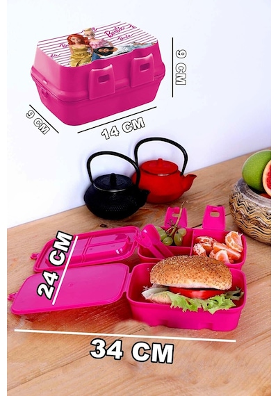 Lisanslı 4 Bölmeli Beslenme Kutusu Yemek Saklama Kabı - Beslenme Çantası Çocuk Piknik Seti Mama Kabı Barbie