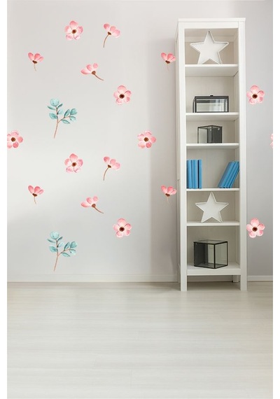 Pembe Çiçek Temalı 20 Parça Çocuk Ve Bebek Odası Dekoratif Duvar Sticker Seti Figür 2