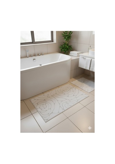 Buççin Online Mağaza Çiftli Banyo Paspası Seti Kaymaz Tabanlı, Yumuşak Dokulu, Desenli Beyaz Orta 6 - 12 Mm Pamuklu B Çok Renkli