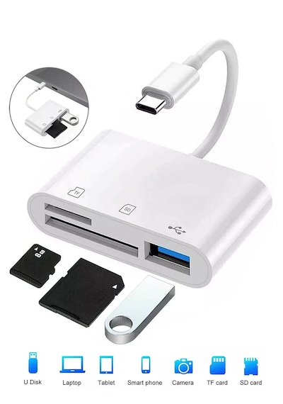 Mettzchrom Apple Uyumlu iPhone 15 / 16 / 17 Serilerine 3in 1 Kart Hafıza Kart Okuyucu Type-c Sd Micro Sd Kart Usb