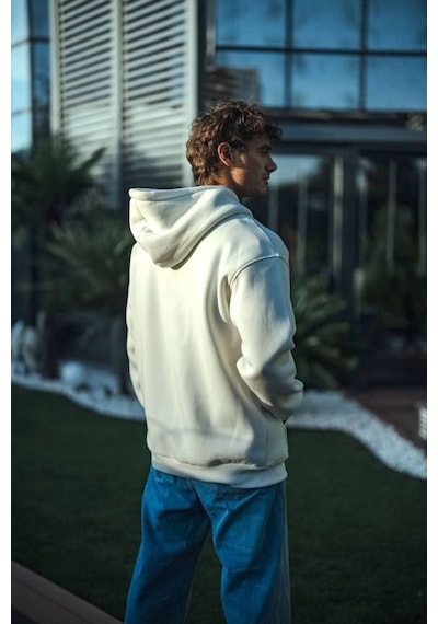 Mbb E-ticaret Erkek 3 İplik Pamuklu Kapüşonlu Basic Sweatshirt Hoodie - Beyaz