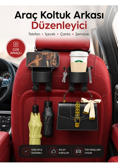 Araç Koltuk Arkası Organizer - 2'li Paket - Bardak + Telefon + Tablet Tutucu - Araç İçi Düzenleyici Askılık Aparat 2 Adet - Siyah