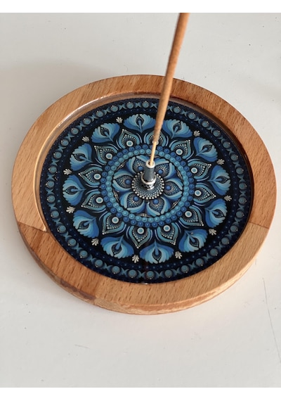 Ahşap Üzerine Epoksi Mandala Desenli Yuvarlak Tütsülük -12 Cm Çap- Mavi