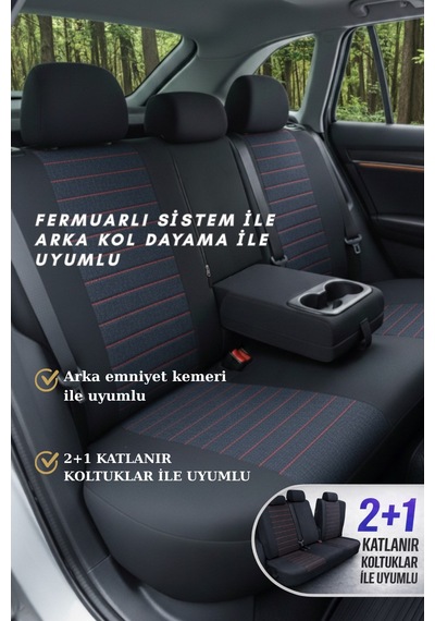 Lifos Serisi Koton Kumaş Universal Oto Koltuk Kılıfı Tam Set Siyah-Kırmızı