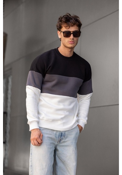 Trc 3244 Üç İplik Pamuklu Parçalı Bisiklet Yaka Erkek Sweatshirt 001