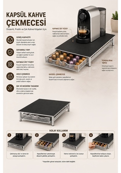 40 Adet Kapasiteli Nespresso Kapsül Standı Kahve Çekmecesi Mt267 Siyah