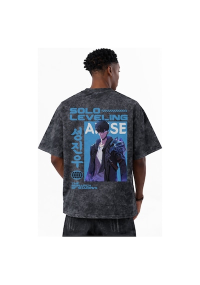Solo Leveling Arise Anime Baskılı Unisex Oversize Eskitme Yıkamal Siyah