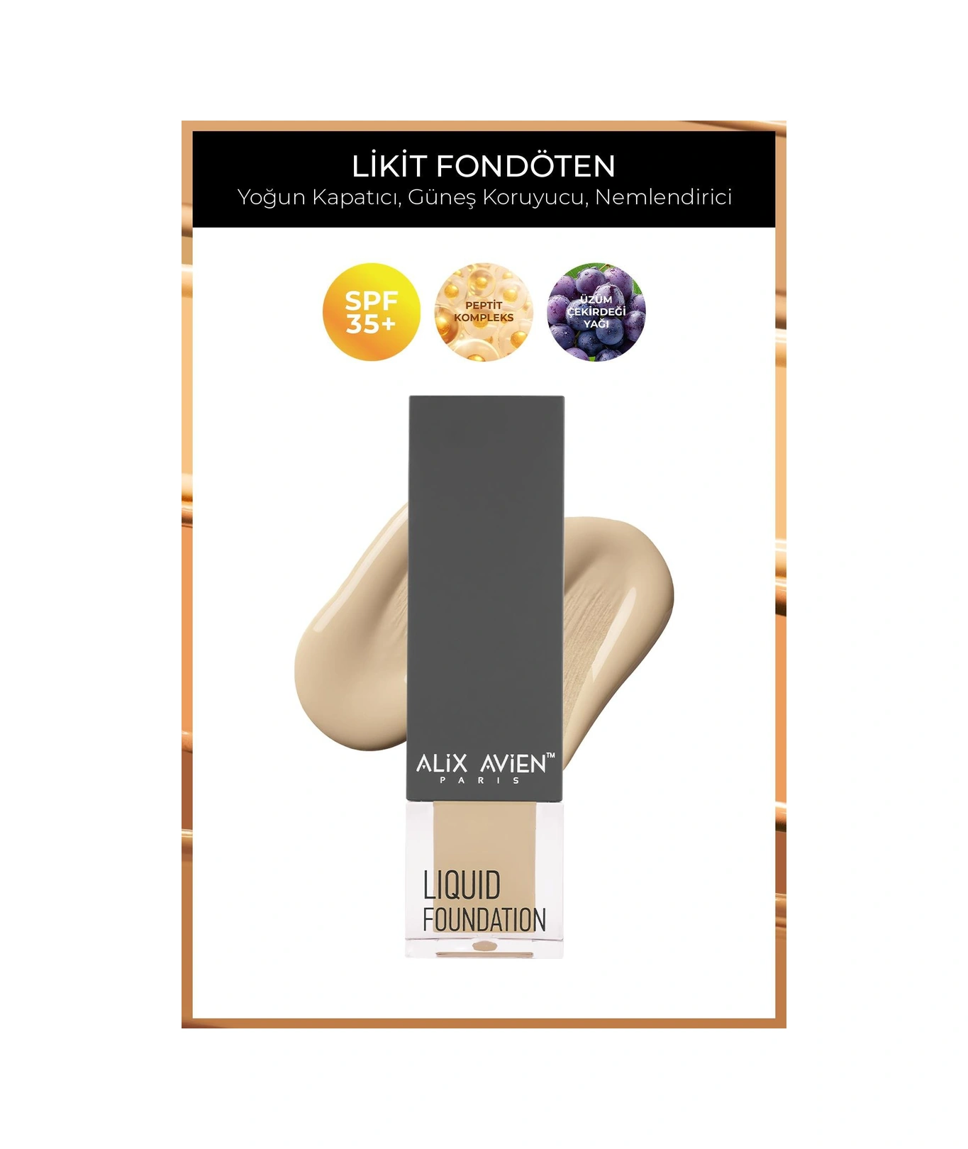 Alix Avien Güneş Koruyucu SPF35+ Nemlendirici Etkili Kremsi Likit Fondöten Liquid Foundation 301 Soft Ivory