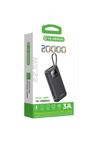 Yk Design Yk-pb5040 20000 Mah 22.5w Kablolu Lcd Göstergeli Powerbank Siyah