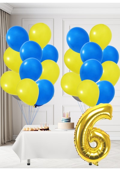 6 Yaş Sarı Lacivert Taraftar Temalı Doğum Günü Seti Sarı Lacivert Balonlar Altın Folyo Rakam Sarı