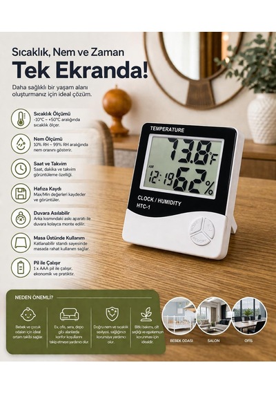 Dijital Sıcaklık Ve Nem Ölçer Saat Htc-1 Lcd Ekranlı Termometre Higrometre Masa Ve Duvar Tipi