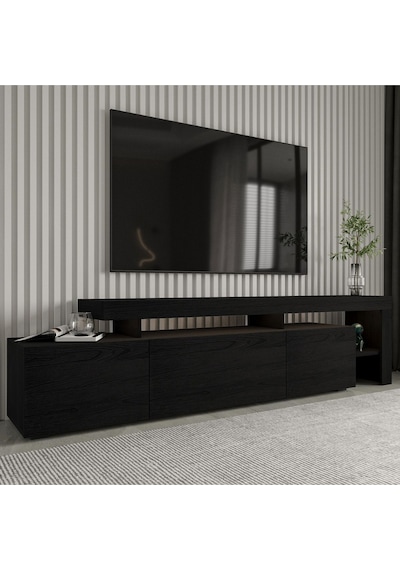 Beliz Modern LED Işıklı 3 Kapaklı, Raflı TV Sehpası – 192 cm, Ahşap Siyah Beliz Modern LED Işıklı 3 Kapaklı, Raflı TV Sehpası – 192 cm, Ahşap Siyah