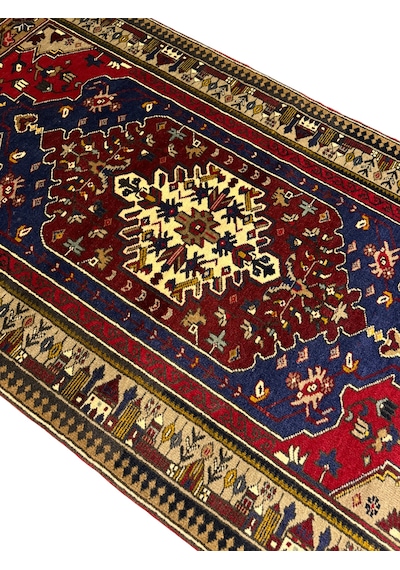El Dokuma Sıfır Yahyalı Halısı 120x225 Kök Boyası Kırmızı Lacivert Yün Halı