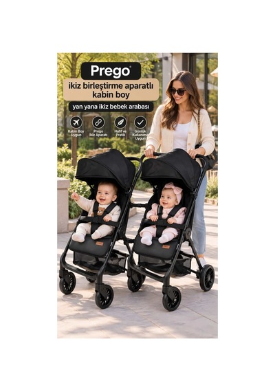 Prego İkiz Apartlı Birleşip Ayrılan Yan Yana İkiz Kabin Boy Bebek Arabası Siyah1