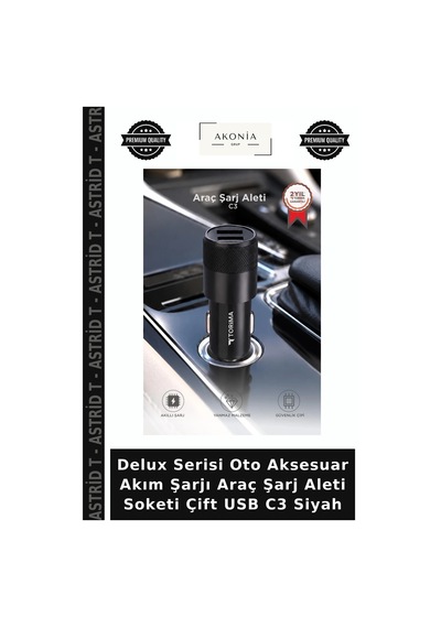 Delux Serisi Oto Aksesuar Akım Şarjı Araç Şarj Aleti Soketi Çift Usb C3 Siyah