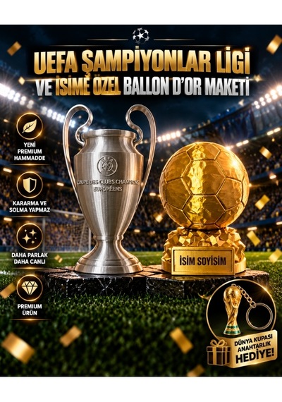 Şampiyonlar Ligi Kupası Ve İsime Özel Ballon D'or Maketi Seti Dünya Kupası Anahtarlık Hediyeli 20cm