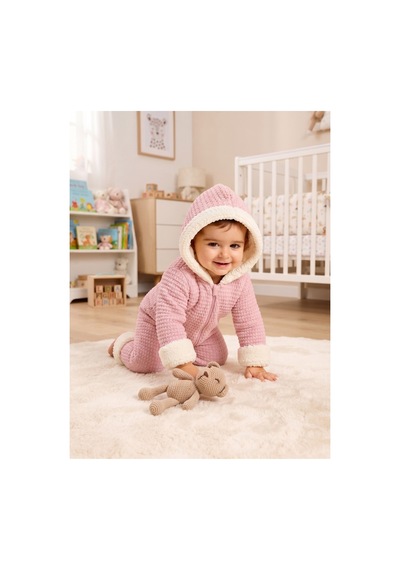 Chicsy Baby Tatlı Unisex Bebek Örgü Triko Tulum Welsoft Peluş Manşetli Kapüşonlu Fermuarlı Kışlık Bebek Kozmonot Tulumu Pembe