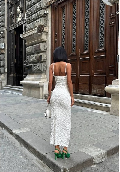 Rawea Kadın Dantel Detaylı Askılı Elbise - Slim Fit & Şık Beyaz