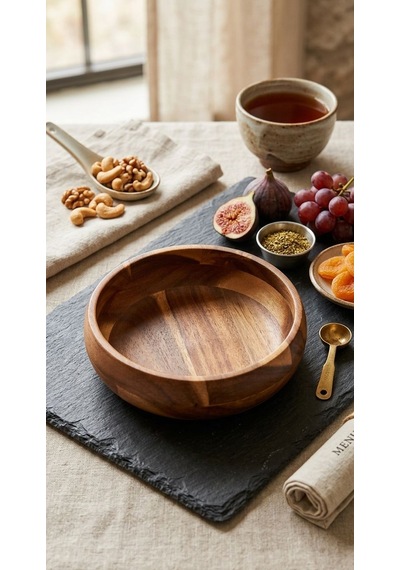 Akasya Kase 20 Cm- Akasya Büyük Boy Kase Ve Sunumluk- Mien Akasya Salata Kasesi 20 Cm Kahve Tonları