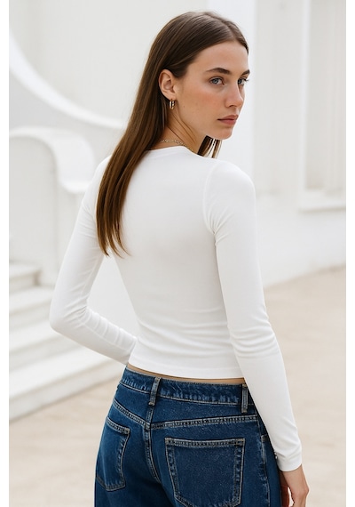 Rich Kadın Ekru Bisiklet Yaka Esnek Kumaşlı Vücuda Oturan Slim Fit Uzun Kollu Crop Body Ekru