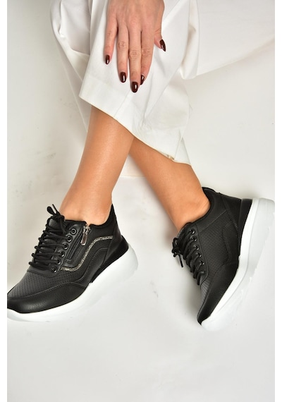 Fox Shoes U702020709 Siyah Kalın Tabanlı Spor Ayakkabı Sneakers Siyah-suni Deri Siyah